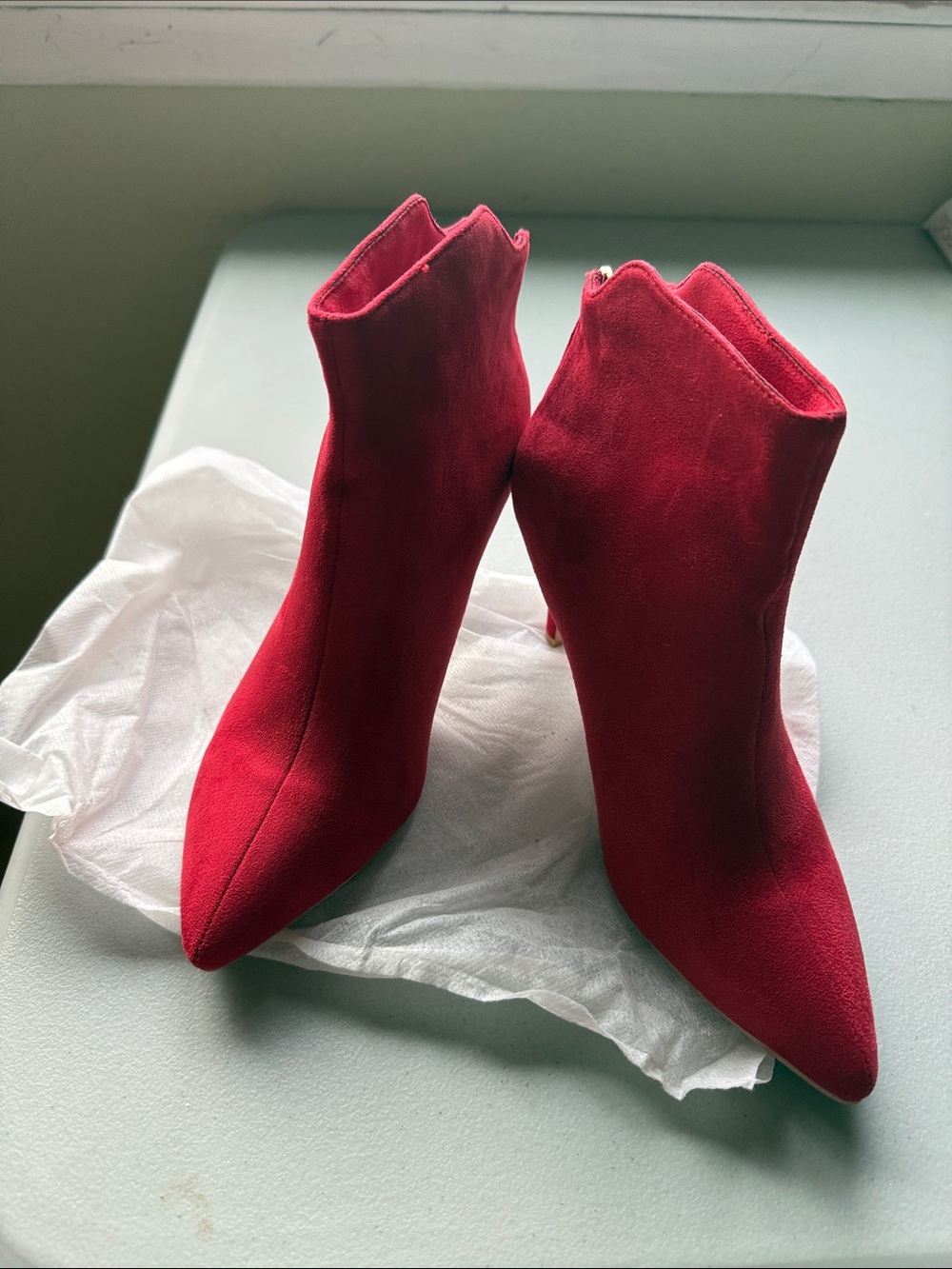 Red Suede Pointed-Toe Ankle Boots - Women's